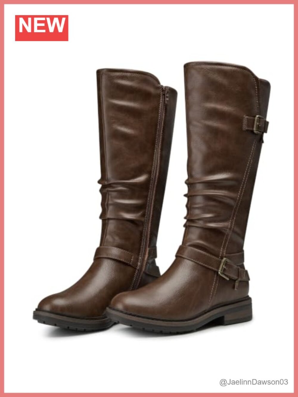 SHIBEVER Knee High Boots Low Heel Round Toe Faux Leather Wide Calf